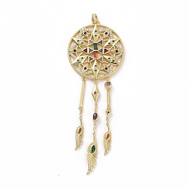 Brass Micro Pave Cubic Zirconia Pendants, Real 18K Gold Plated, Woven Net/Web with Feather Charms
