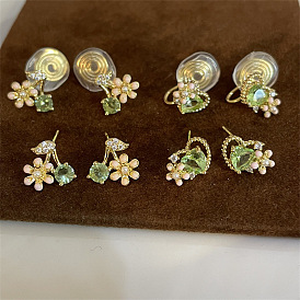 Inlaid zircon flower pearl stud earrings high-end temperament love ear clip female no ear hole mosquito coil earrings
