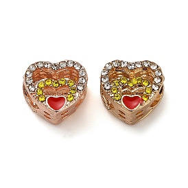 Alloy Enamel European Beads, with Rhinestone, Large Hole Beads, Heart