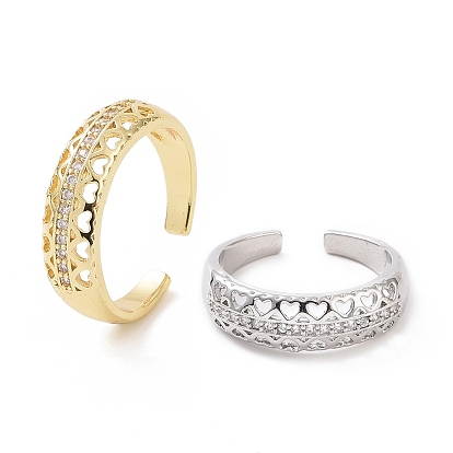 Anillo de puño abierto de corazón hueco de circonita cúbica transparente, joyas de latón para mujer