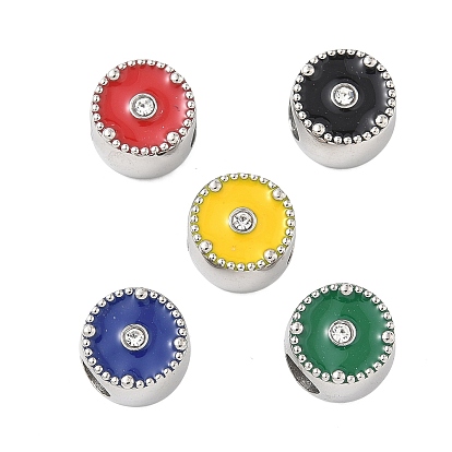 304 нержавеющая сталь, эмаль, европейские бусины со стразами, бусины с большим отверстием, плоско-круглые