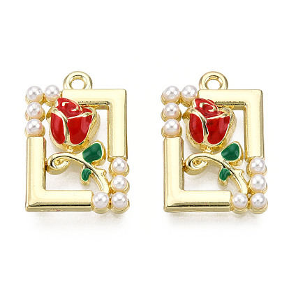 Rack Plating Alloy Enamel Pendants, with ABS Imitation Pearls Beads, Cadmium Free & Lead Free, Rectangle with Rose