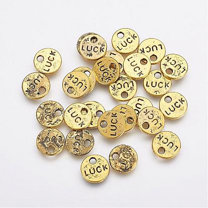 Flat Round Carved Word Luck Tibetan Style Message Charms, Cadmium Free & Lead Free, 9x1mm, Hole: 1.5mm