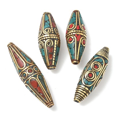 Ручной тибетском стиле бисера, двухконусные, Латунные бусины, с синтетическими бирюзовый