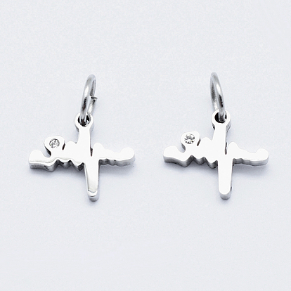 Eco-Friendly 316 Surgical Stainless Steel Micro Pave Cubic Zirconia Charms, Long-Lasting Plated, Heartbeat