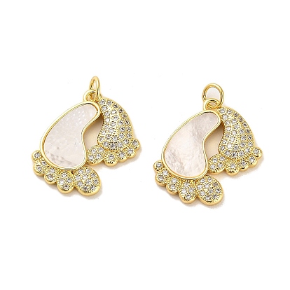 Brass Micro Pave Clear Cubic Zirconia Pendants, Cadmium Free & Lead Free, with Shell, Jump Ring, Foot