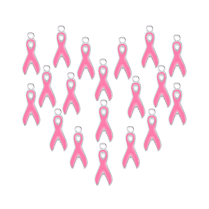 Alloy Enamel Pendants, Lead Free and Cadmium Free, October Breast Cancer Pink Awareness Ribbon