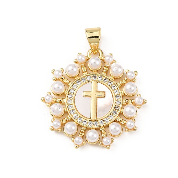 Латунные микро проложить кубического циркония подвески, крестик, с натуральной ракушкой и искусственным жемчугом из АБС-пластика, стойки покрытие, долговечный, без свинца и без кадмия