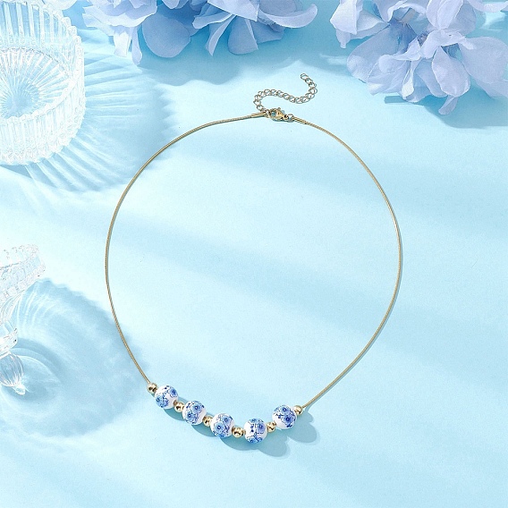 Ожерелья из фарфора с круглыми бусинами ручной работы с цветочным принтом 304 из нержавеющей стали в виде змеиной цепи, синий и белый