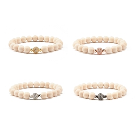 Natural Fossil Stone Round Beads Stretch Bracelet, Brass Cubic Zirconia Round Beads Bracelet