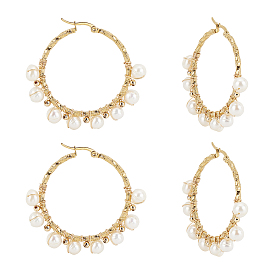304 Stainless Steel Hoop Earrings, with Natural Pearls, Ring