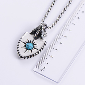 Trendy Stainless Steel Pave Synthetic Turquoise Eagle Claw Shield Pendant Necklaces for Men