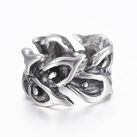 304 Stainless Steel Beads, Large Hole Beads, Ring with Leaf
