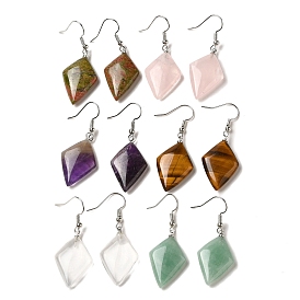 Natural Mixed Gemstone Rhombus Dangle Earrings, Platinum Brass Earrings