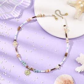 Océano 304 Collares con colgante de sol de acero inoxidable, chips de larimar natural y cuentas de coco para mujer, con concha natural y cuentas sintéticas de turquesa de tortuga