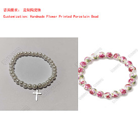 Bracelets en perles de porcelaine imprimées de fleurs faites à la main, bracelets extensibles avec 304 pendentifs en acier inoxydable, croix