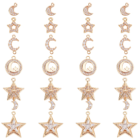 12Pcs 6 Styles Brass Micro Cubic Zirconia Charms, Nickel Free, Real 18K Gold Plated