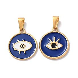 PVD Vacuum Plating 304 Stainless Steel Pendants, with Enamel, Flat Round with Evil Eye Charm