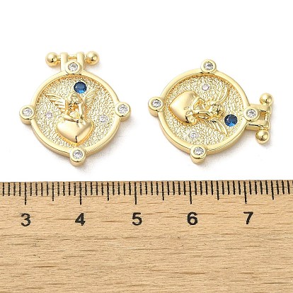 Brass Micro Pave Clear Cubic Zirconia Pendants, Flat Round with Angel Pattern
