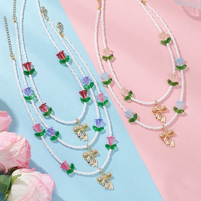 Кулон в виде бантика из сплава, тюльпан, ожерелье из стеклянных бисеров для женщин., золотые