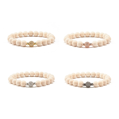 Natural Fossil Stone Round Beads Stretch Bracelet, Brass Cubic Zirconia Round Beads Bracelet