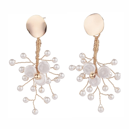 Brass Shell Pearl Ear Studs, Copper Wire Wrapped