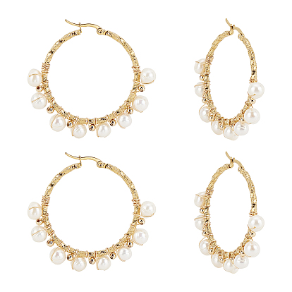 304 Stainless Steel Hoop Earrings, with Natural Pearls, Ring