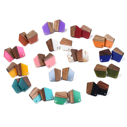 Resin & Walnut Wood Stud Earring Findings, with 304 Stainless Steel Pin and Hole, Two Tone, Polygon