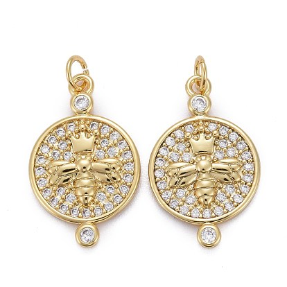 Brass Micro Pave Clear Cubic Zirconia Pendants, Long-Lasting Plated, with Jump Rings, Flat Round with Bee