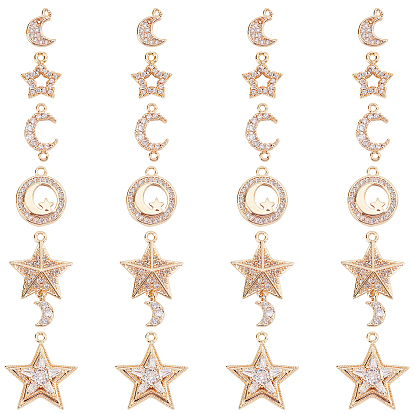 12Pcs 6 Styles Brass Micro Cubic Zirconia Charms, Nickel Free, Real 18K Gold Plated