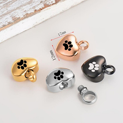 Openable Stainless Steel Memorial Urn Ashes Pendants, Heart with Paw Print