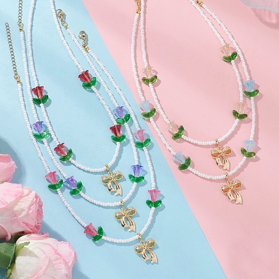 Кулон в виде бантика из сплава, тюльпан, ожерелье из стеклянных бисеров для женщин., золотые