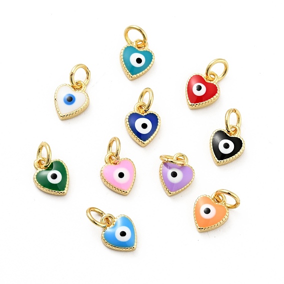 Rack Plating Brass Enamel Charms, with Jump Rings, Cadmium Free & Lead Free, Real 18K Gold Plated, Heart with Evil Eye