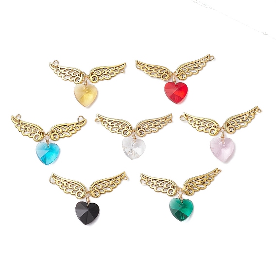 Полупрозрачные сердце подвески, Подвески в виде крыльев ангела из сплава в тибетском стиле, с 2 шт. 304 соединительными кольцами из нержавеющей стали, античное золото 