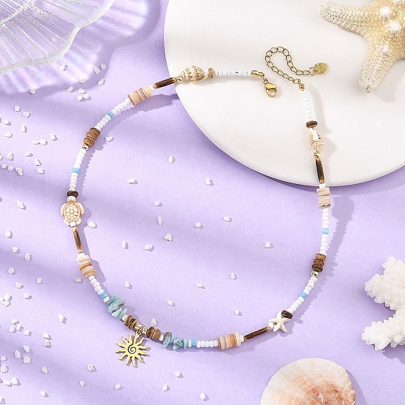 Océan 304 Colliers pour femmes avec pendentif soleil en acier inoxydable, éclats de larimar naturel et perles de noix de coco, avec des perles synthétiques en coquillage naturel et en turquoise de tortue