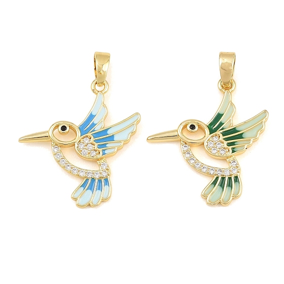 Brass Micro Pave Clear Cubic Zirconia Pendants, with Enamel, Hummingbird Charms, Real 18K Gold Plated