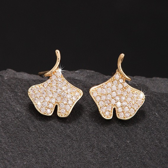 Brass Micro Pave Clear Cubic Zirconia Stud Earrings, Ginkgo Leaf