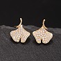 Brass Micro Pave Clear Cubic Zirconia Stud Earrings, Ginkgo Leaf