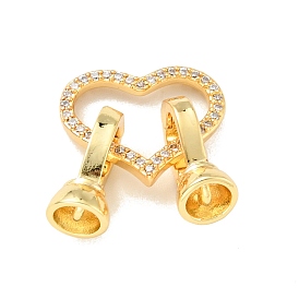 Rack Plating Brass Micro Pave Clear Cubic Zirconia Fold Over Clasps, Cadmium Free & Lead Free, Long-Lasting Plated, Heart