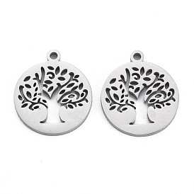 304 Stainless Steel Charms, Laser Cut, Flat Round with Tree