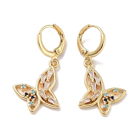 Real 18K Gold Plated Brass Dangle Leverback Earrings, with Cubic Zirconia, Butterfly