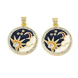 Brass Micro Pave Clear Cubic Zirconia Pendants, with Enamel, Flat Round with Sun & Moon Charms, Colorful