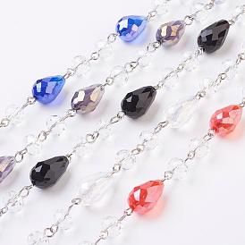 Handmade Faceted Glass Beaded Chains, Unwelded, with Iron Eye Pin, Platinum