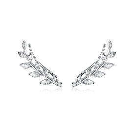 Pendientes de clip con forma de hoja de circonita cúbica transparente y micropavé de plata esterlina para mujer
