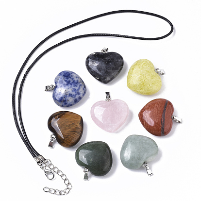 Natural Mixed Stone Pendants, with Platinum Plated Brass Ice Pick Pinch Bails and Wax Cord Necklaces, Heart