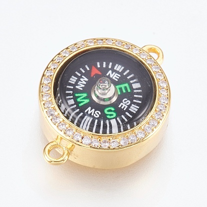 Brass Micro Pave Cubic Zirconia Links Connectors, Flat Round with Compass