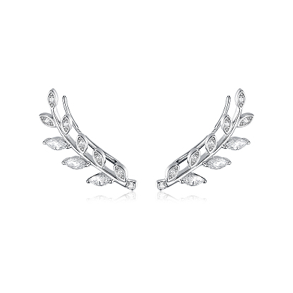 Pendientes de clip con forma de hoja de circonita cúbica transparente y micropavé de plata esterlina para mujer
