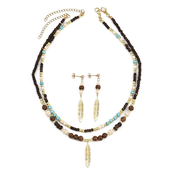 Комплекты ожерелий и серег с подвесками из синтетической бирюзы и кокосовой скорлупы, комплекты украшений с подвесками из латунных перьев для женщин