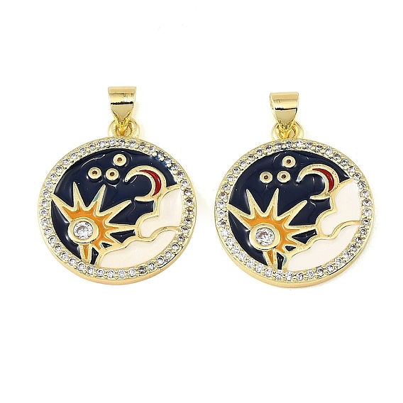 Brass Micro Pave Clear Cubic Zirconia Pendants, with Enamel, Flat Round with Sun & Moon Charms, Colorful