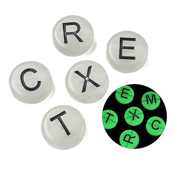 Непрозрачный акрил европейского бисера, бусины с большим отверстием, плоские круглые с буквы, светится в темноте